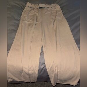 Cream Belted Wide-Leg Pants